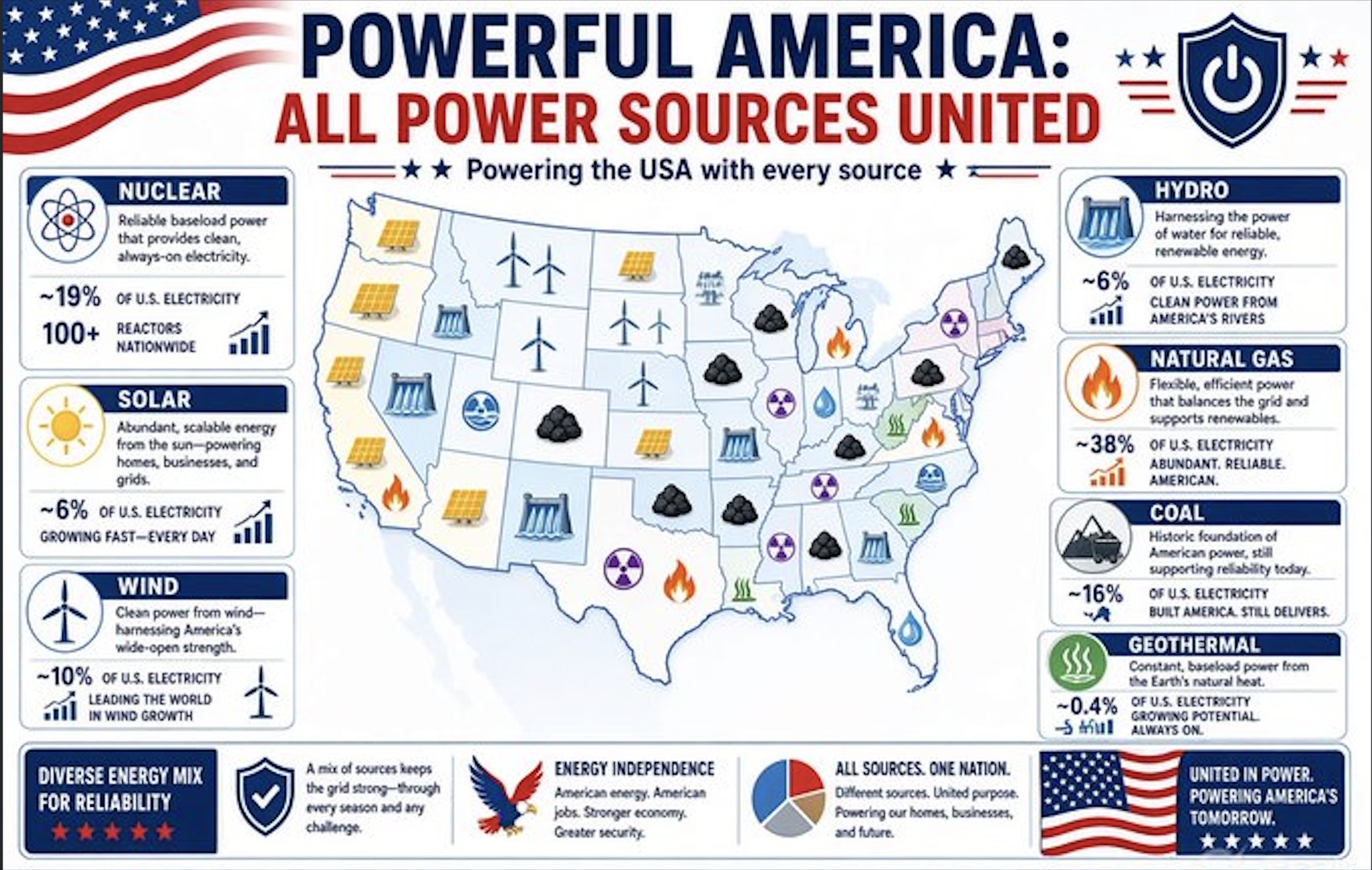 Powerful America concept infographic showing diverse American power sources working together